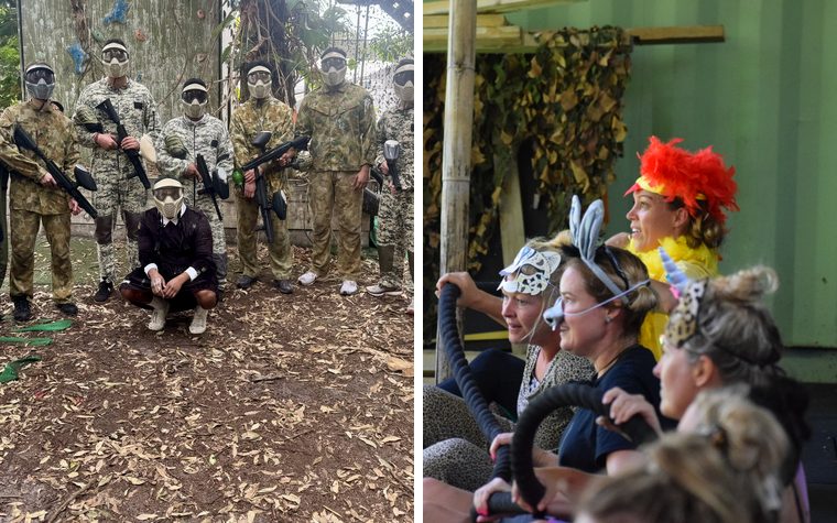 A bucks party in paintball gear, and a mixed bucks and hens group in costume