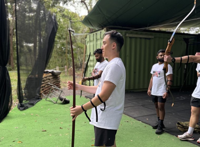 A recurve bow ready before the first arrow