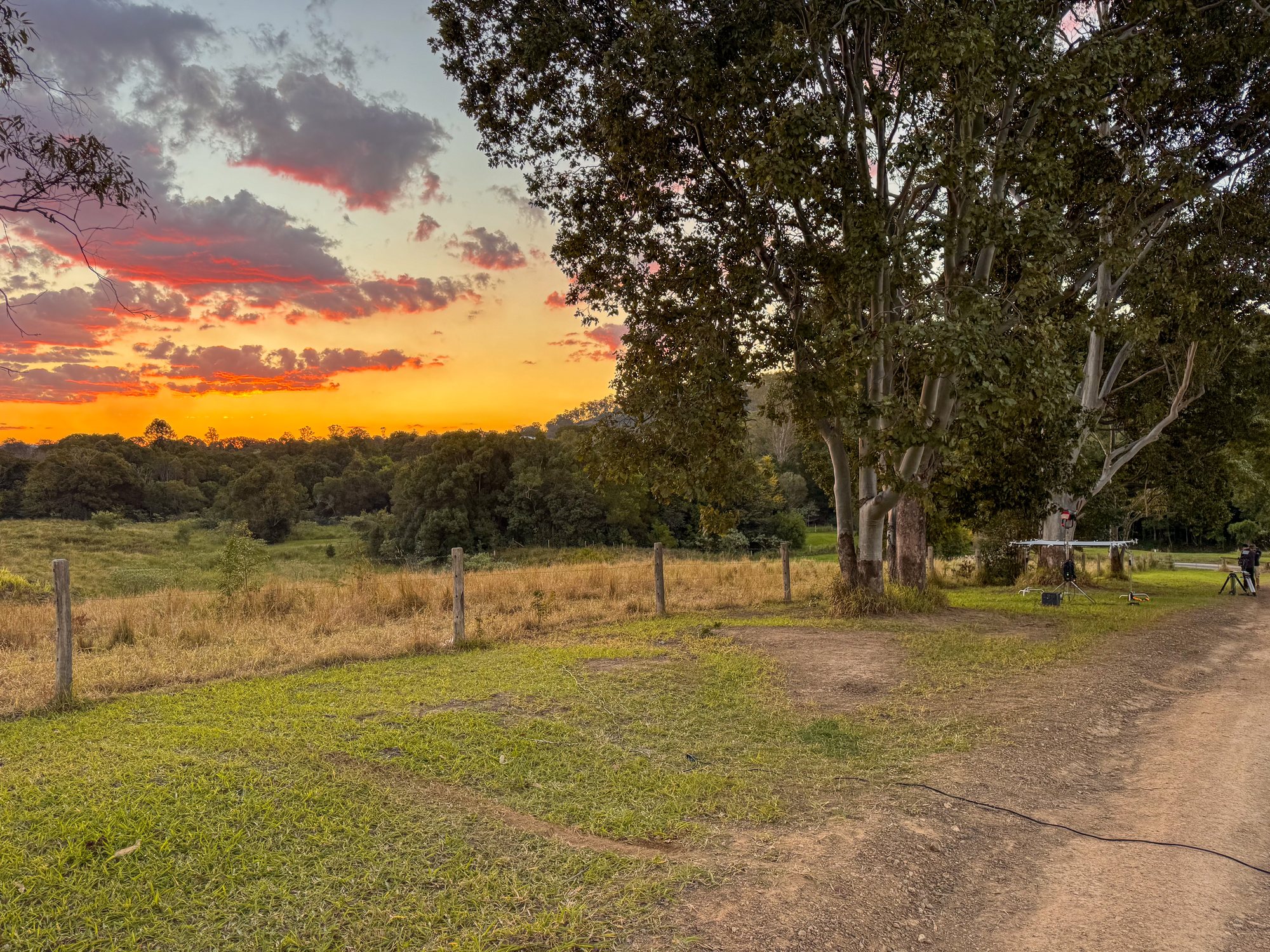 Sunset over the ridgeline from Sunset Spot at Tuchekoi, framed by a large gum